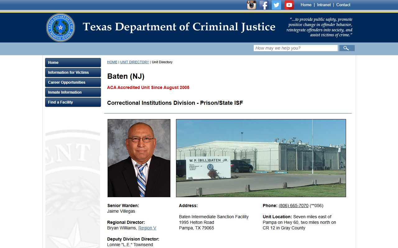 TDCJ Baten Intermediate Sanction Facility directory page showing address, phone, capacity, and unit details