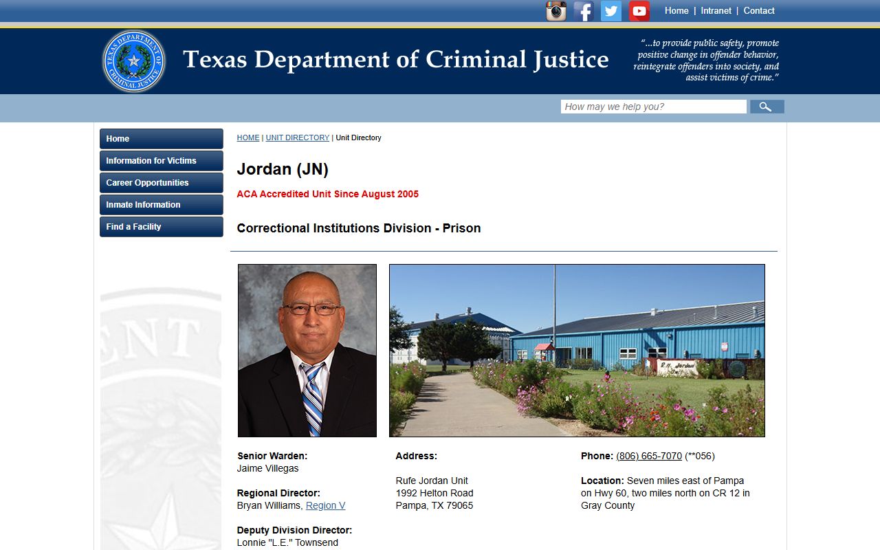 TDCJ Rufe Jordan Unit directory page with address, phone, capacity, and facility details