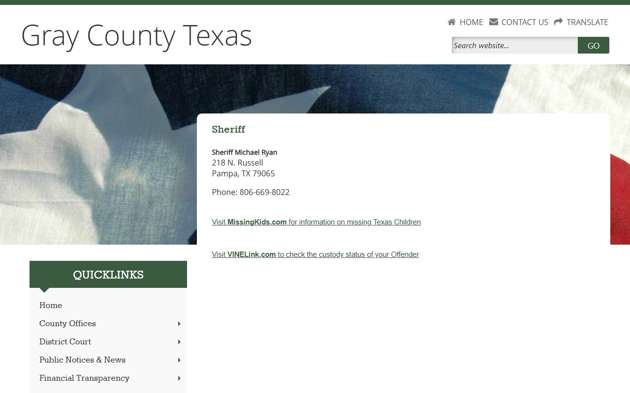 Gray County sheriff page showing the jail address, phone number, and VINELink custody link