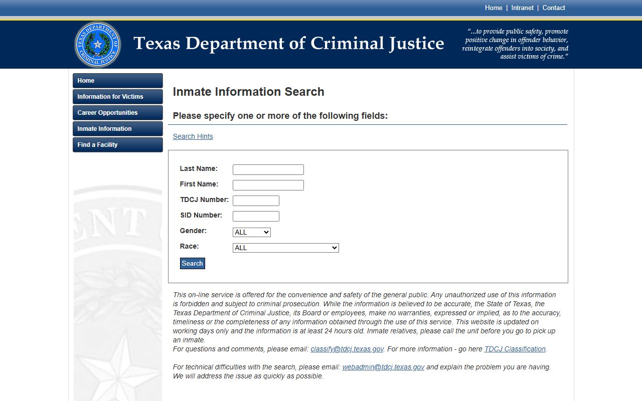 TDCJ inmate search for Gray County state prison records